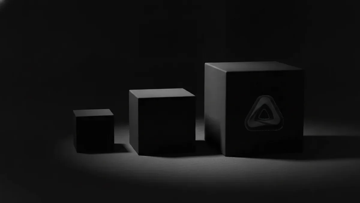 Superwhisper pricing tiers shown as three black cubes of increasing size, the largest embossed with the Superwhisper logo